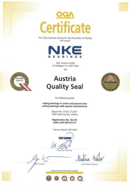 Austria Quality Seal awarded to bearing manufacturer NKE